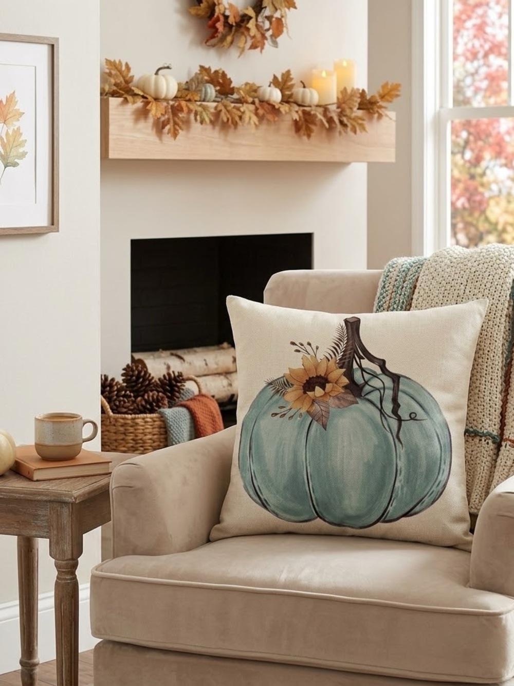 Fall Teal Blue Pumpkin Sunflower Throw Pillow Cover & Pillow Insert 16”x16”